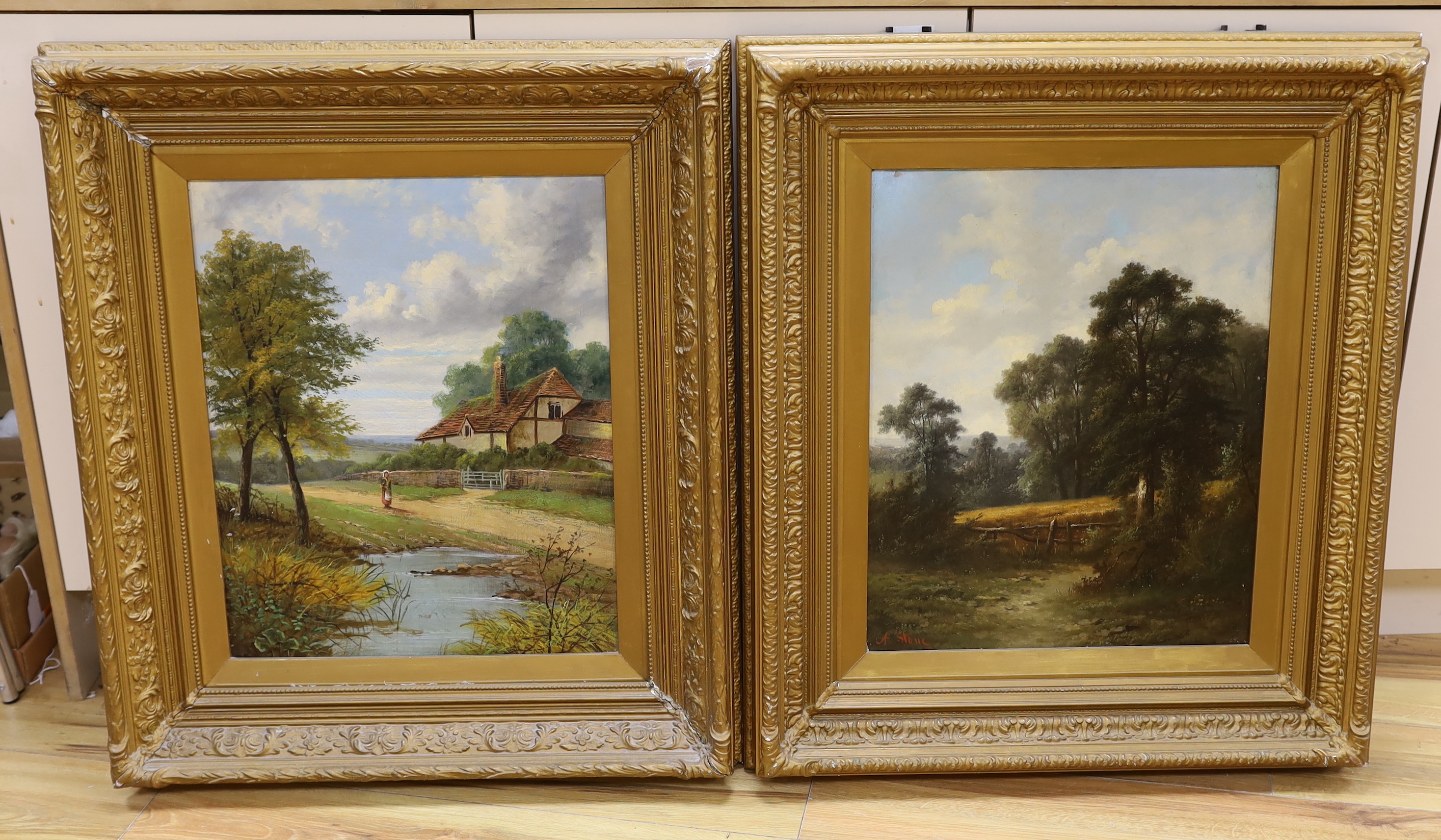 Victorian School, two oils on canvas, Woodland landscape and Village scene, one indistinctly signed, each 52 x 42cm, ornate gilt frames